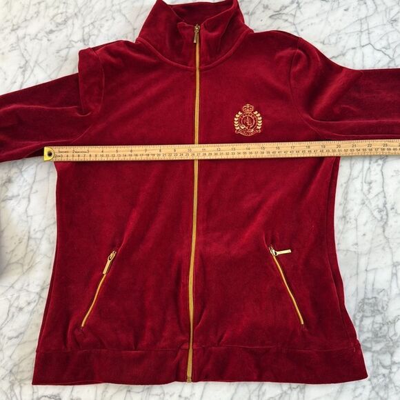 Lauren Ralph Lauren Velour Crest Track Jacket Size Large Full Zip Deep Red Gold - Picture 3 of 7